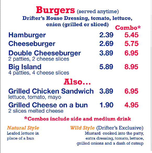 Drifter's Hamburgers Menu Page 1